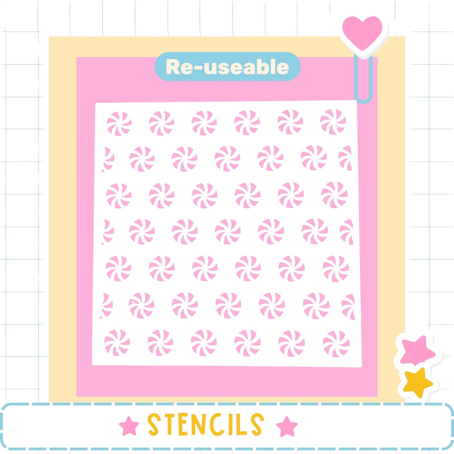 The image is a collage of various images, including a pink and white patterned background with a heart and a stencil. The word "Re-useable" is displayed above the pattern, and the word "STENCILS" is shown at the bottom of the image.