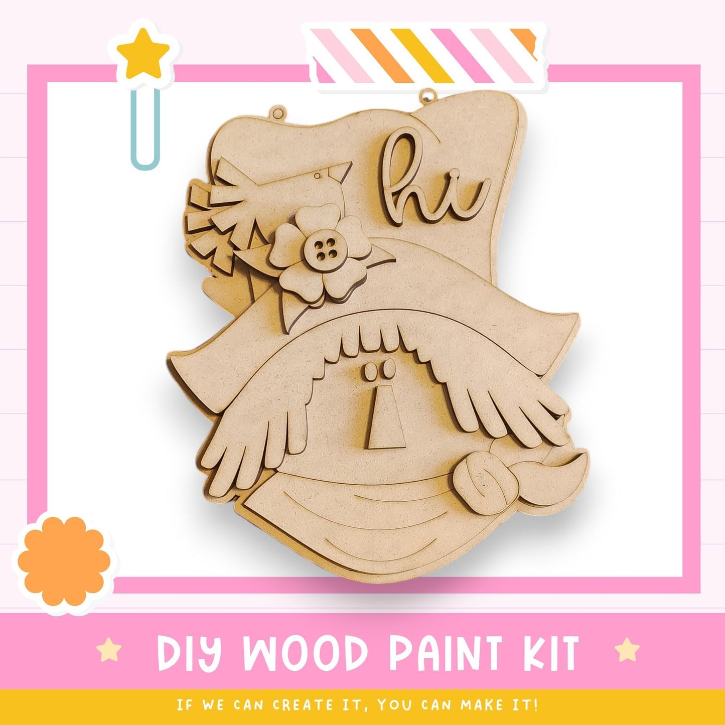 The image is a DIY wood paint kit advertisement, featuring a wooden cutout with a bird and flowers, along with a pink and white striped border.