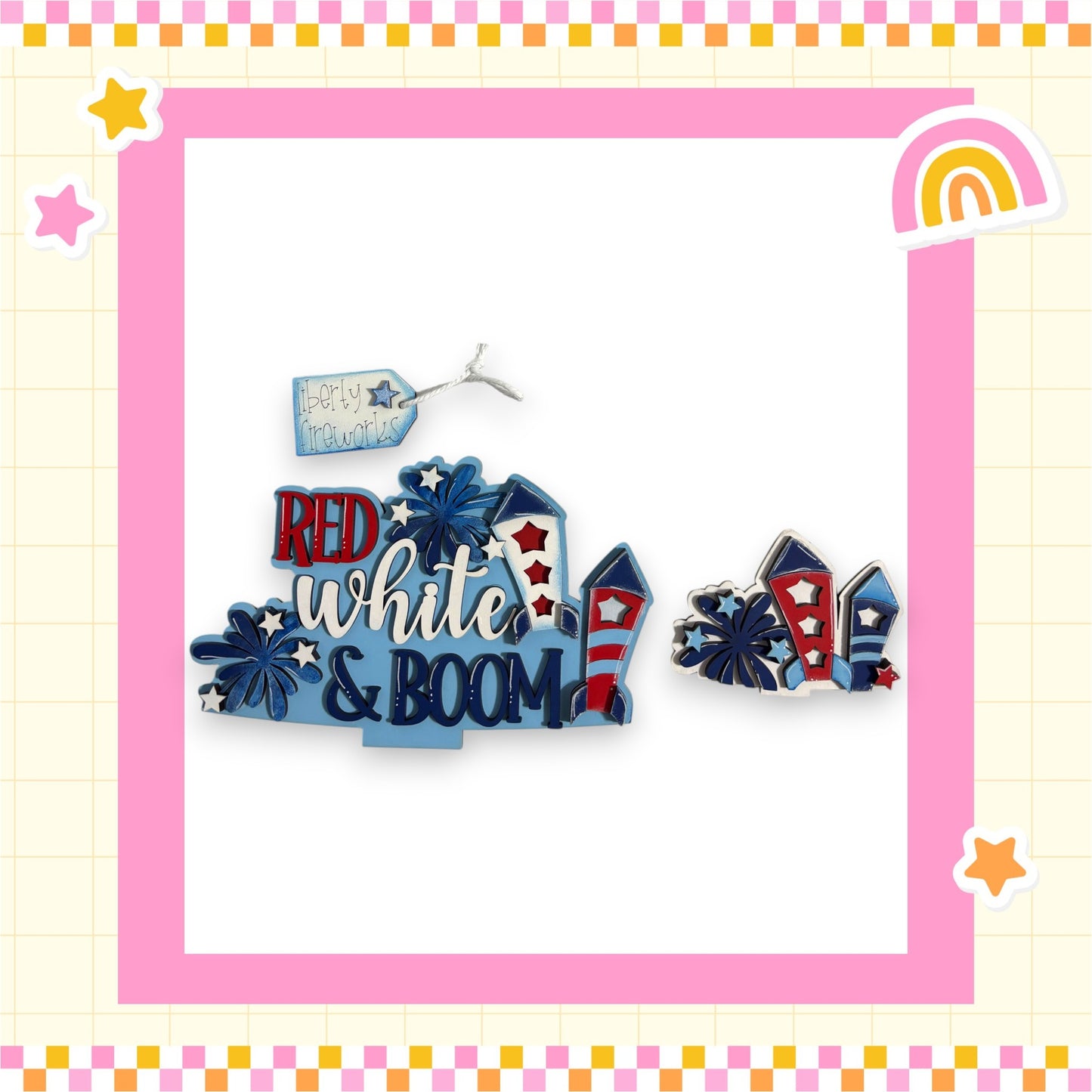 a colorful and playful design with the text "RED white & BOOM" prominently displayed. The design includes various shapes and objects, such as stars, fireworks, and a rainbow, all set against a pink and yellow background.