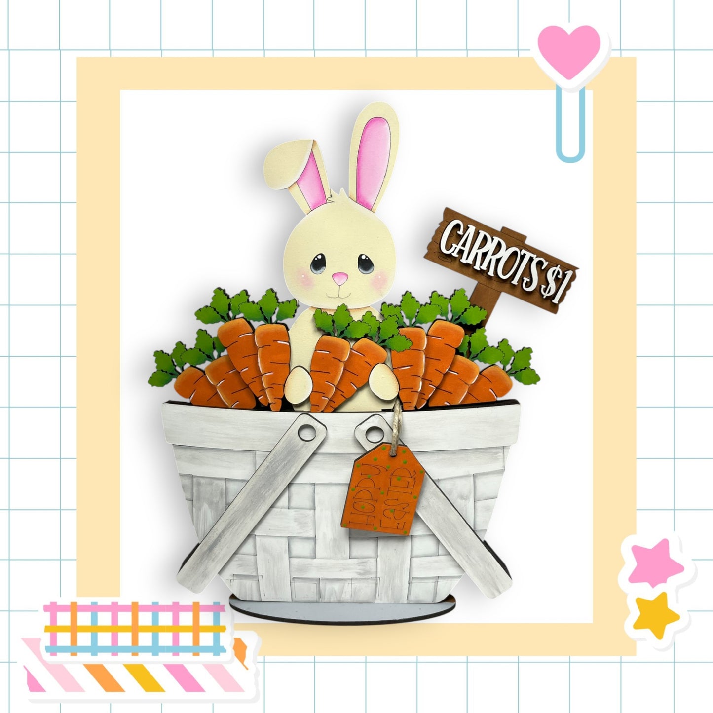 a card with a rabbit sitting in a basket of carrots