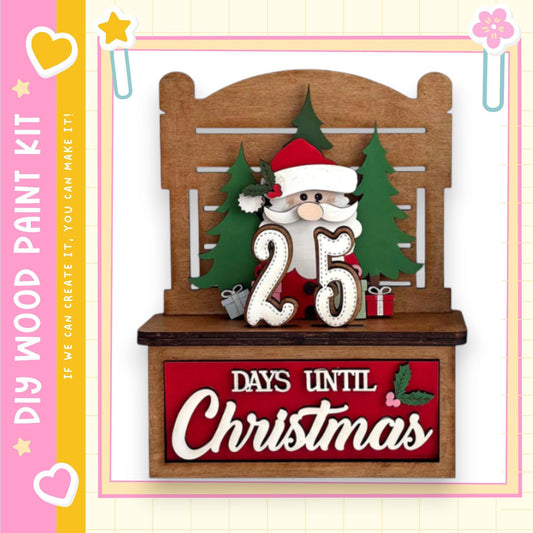 A wooden shelf with a painted Santa Claus figure and a sign that says "25 DAYS UNTIL CHRISTMAS".