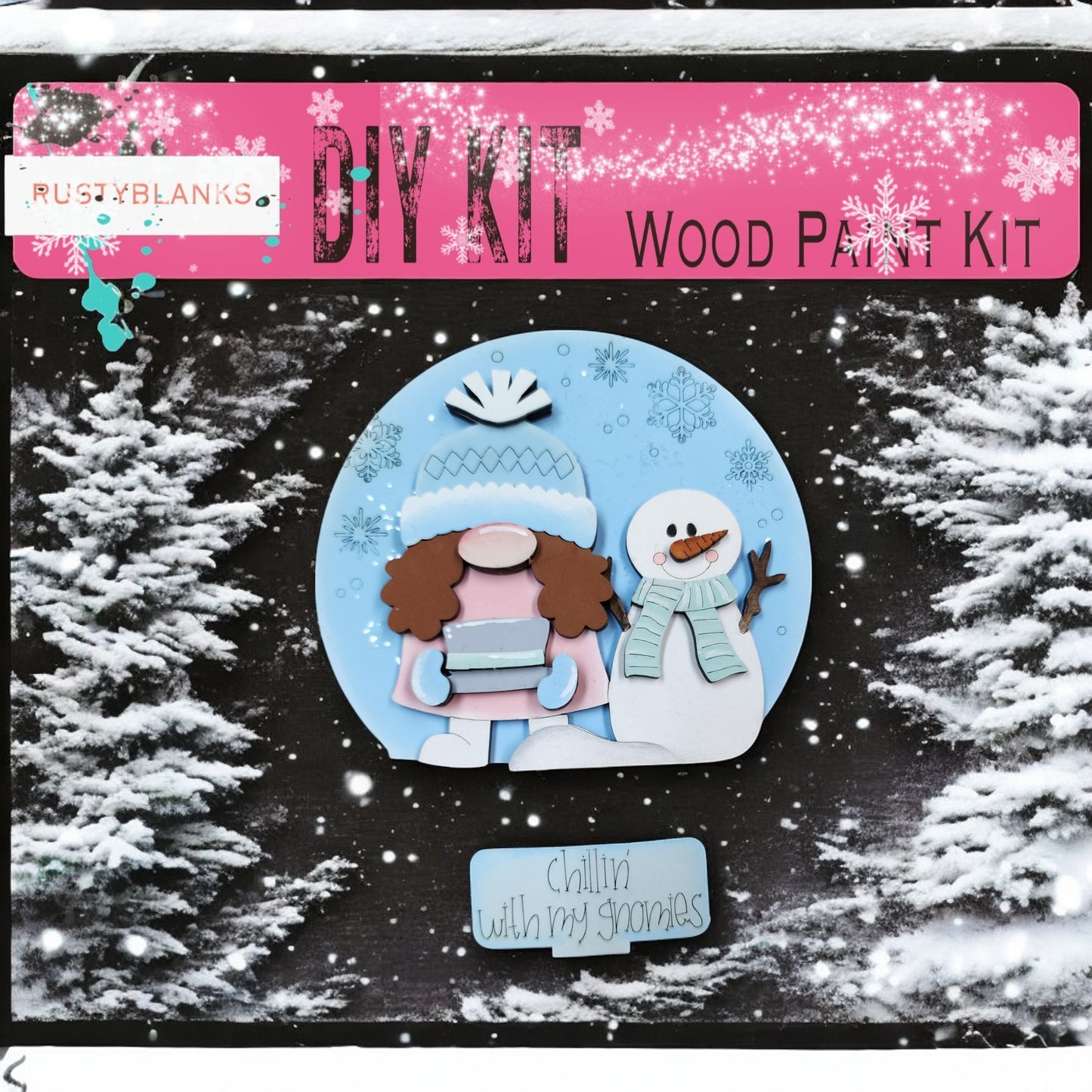 The image is a DIY kit for a wood paint kit, featuring a snowman and a gnome against a snowy background.