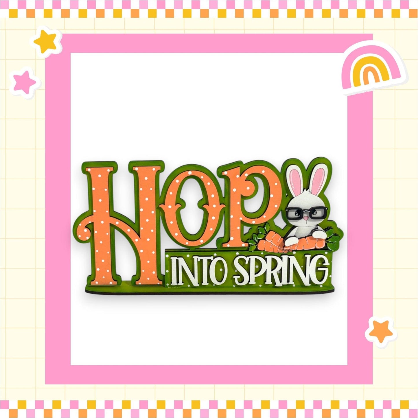 a picture of a picture of a bunny with the words hop into spring