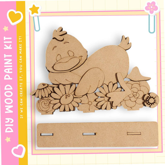 a wooden craft kit with a cute cartoon duck and various flowers made of wood.