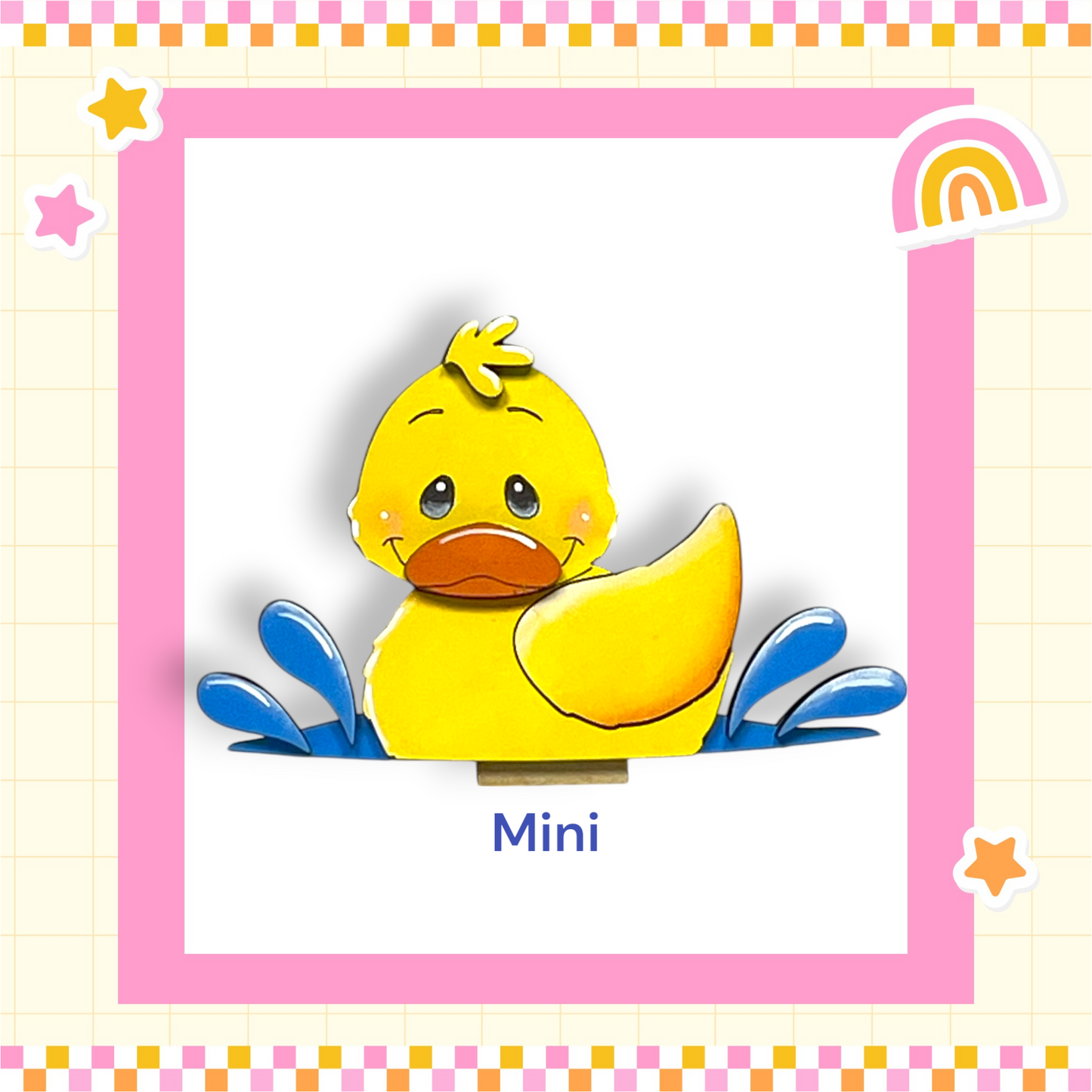A yellow duck with a smiling expression is surrounded by blue water droplets, with a pink and yellow border and stars around the edges.