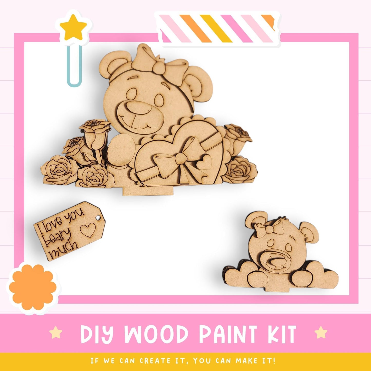 The image is a DIY wood paint kit featuring a wooden teddy bear and a smaller wooden bear, along with a heart-shaped box and a tag. The kit appears to be designed for creating wooden toys or decorations.