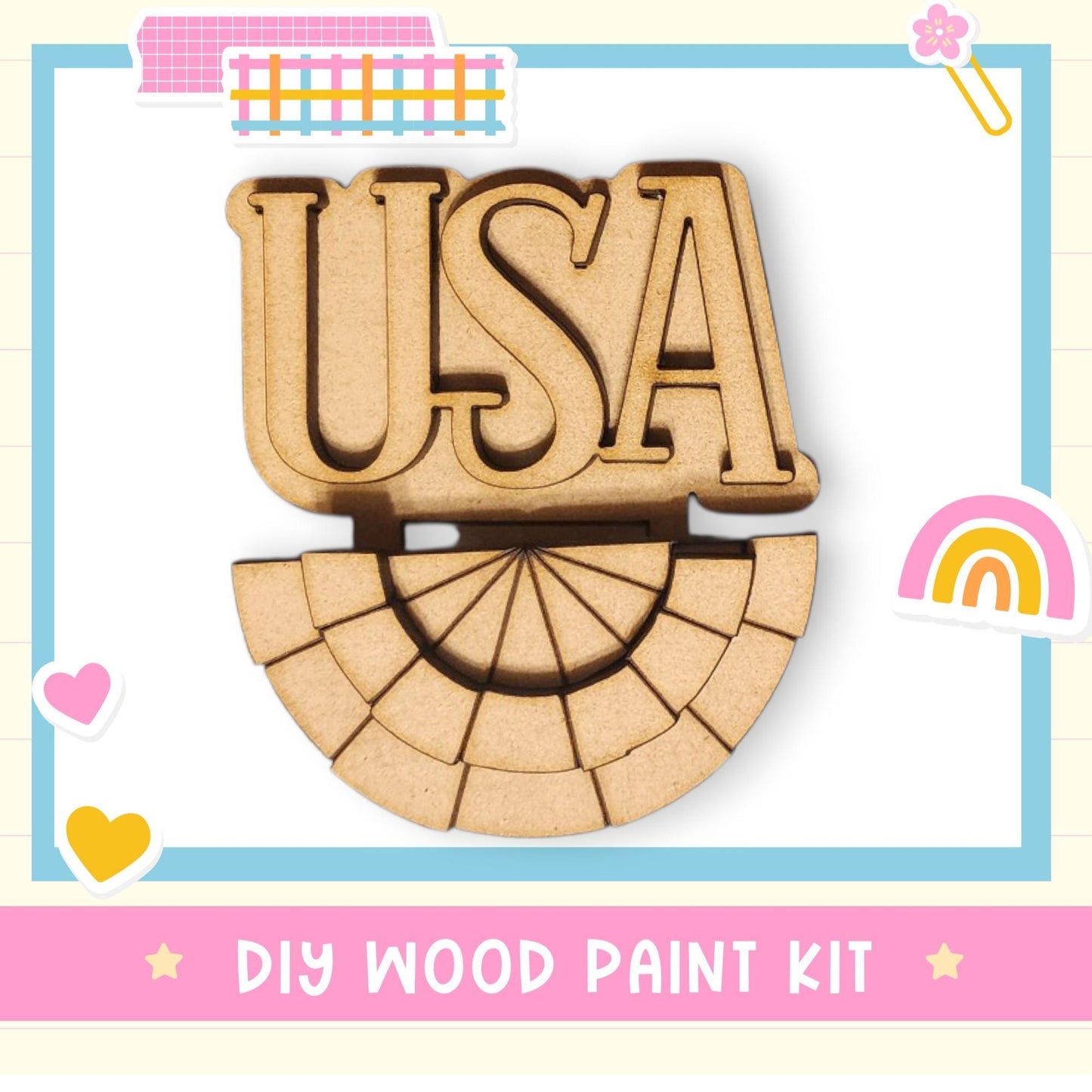 a wooden cutout of the word usa with a rainbow in the background