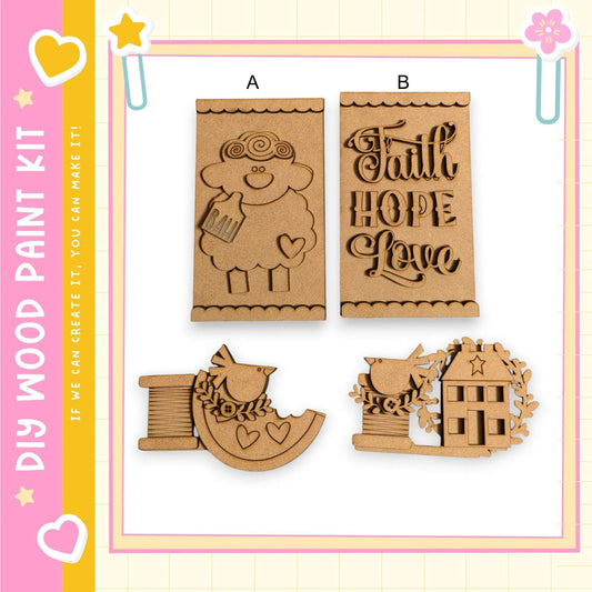 various wooden craft items, including a wooden sheep, a wooden house, and a wooden bird, all of which appear to be made of wood and are displayed against a pink and yellow background.