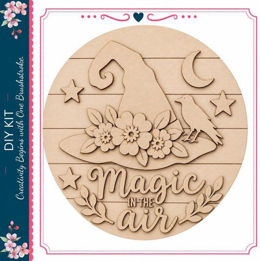 The image is a wooden sign with a witch's hat and flowers, along with the text "Magic in the air".