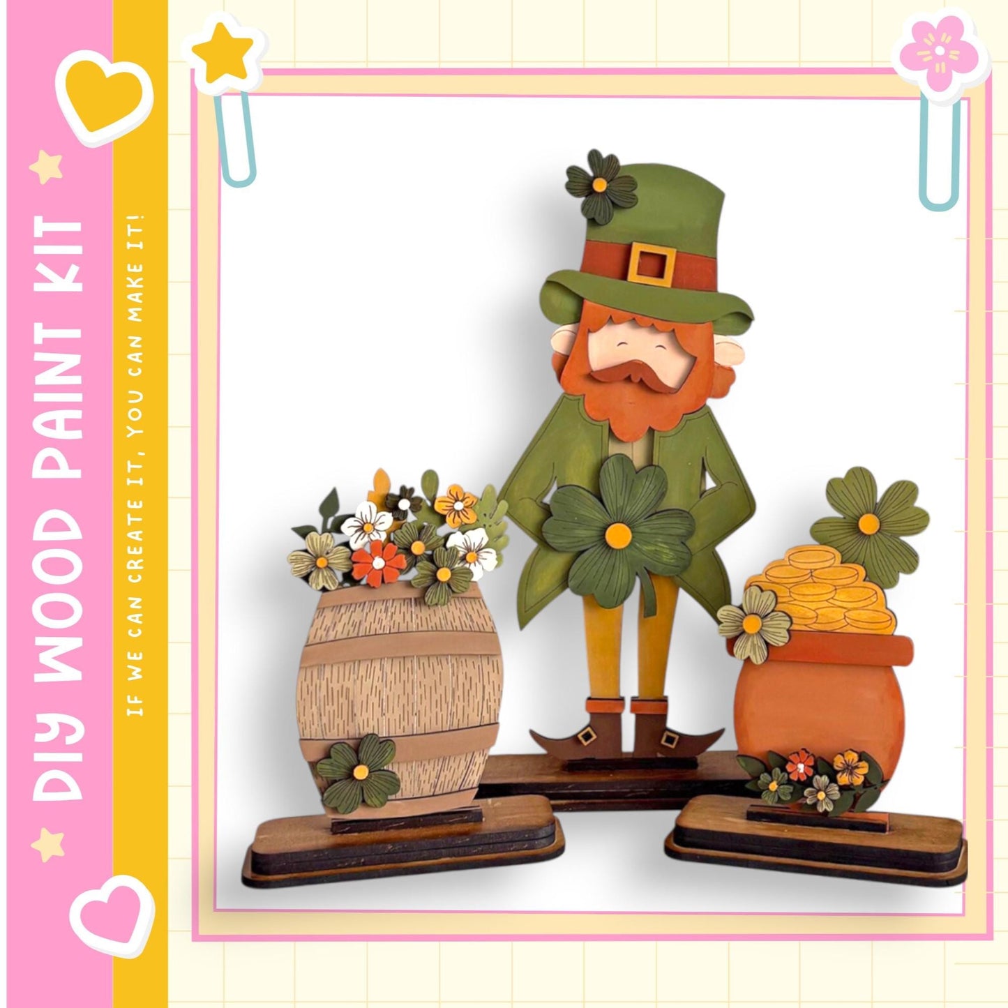A wooden paint kit featuring a cartoon character, a leprechaun, and various decorative elements such as flowers and a barrel.