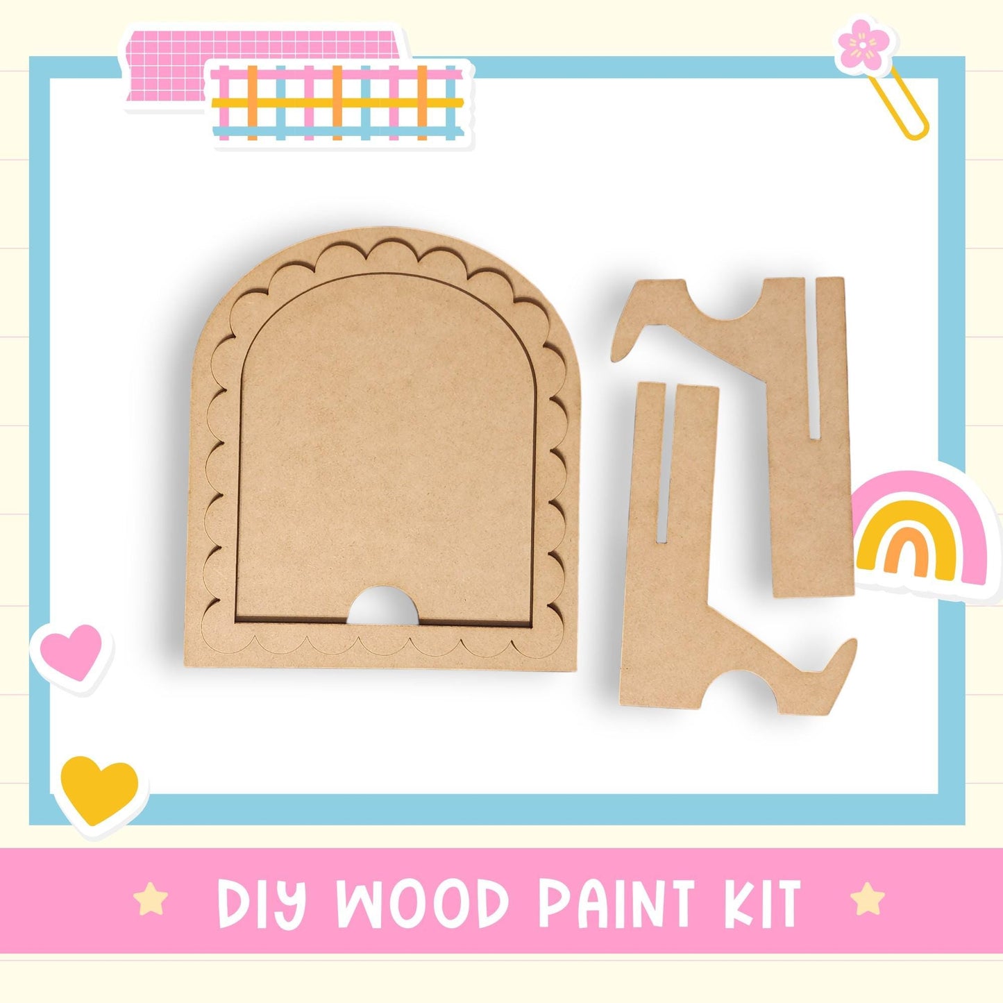 The image is a DIY wood paint kit, featuring a wooden frame and two wooden pieces, one of which is a wooden cutout. The kit is presented in a colorful and playful manner, with the text "DIY WOOD PAINT KIT" displayed prominently.