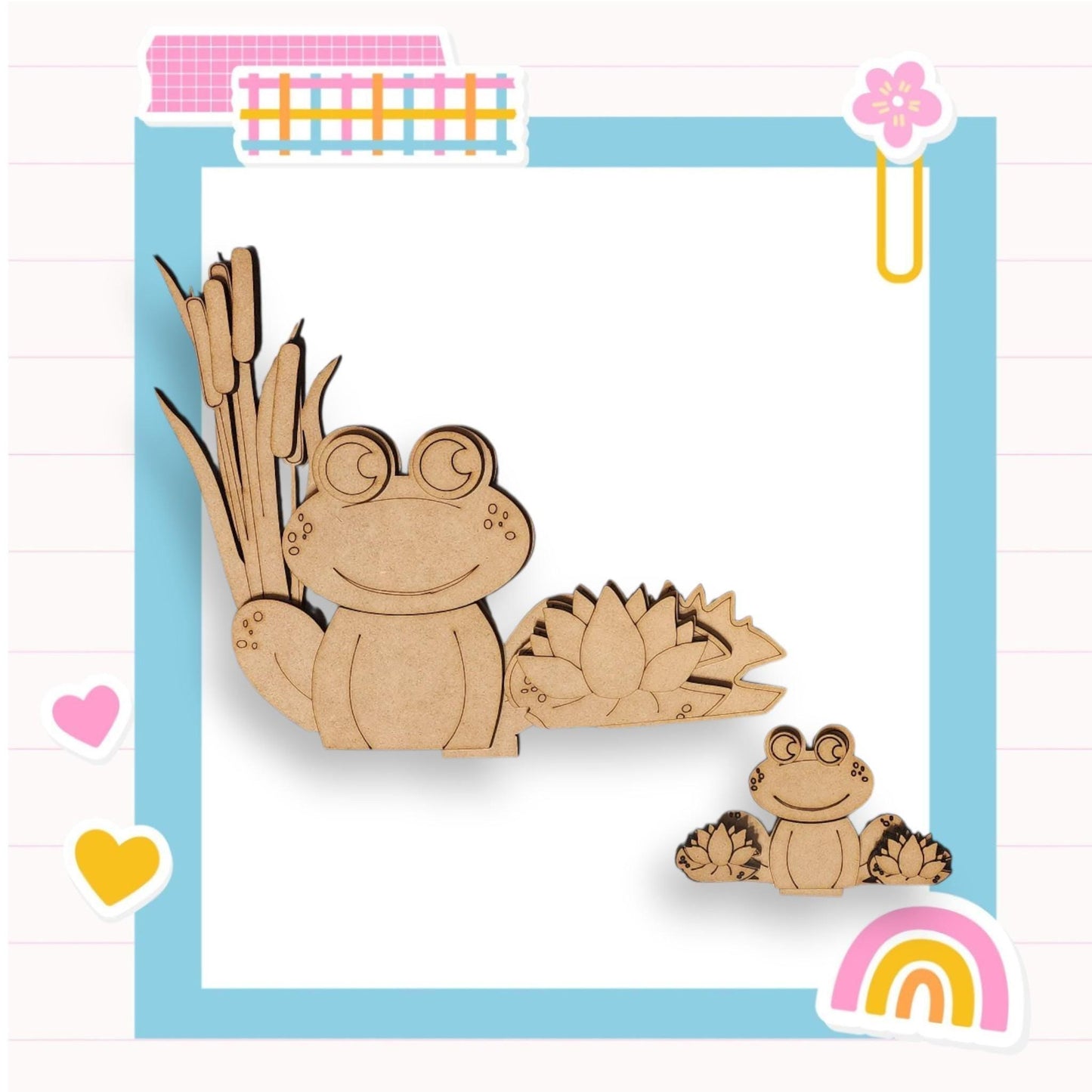 a wooden cutout of a frog and a frogling