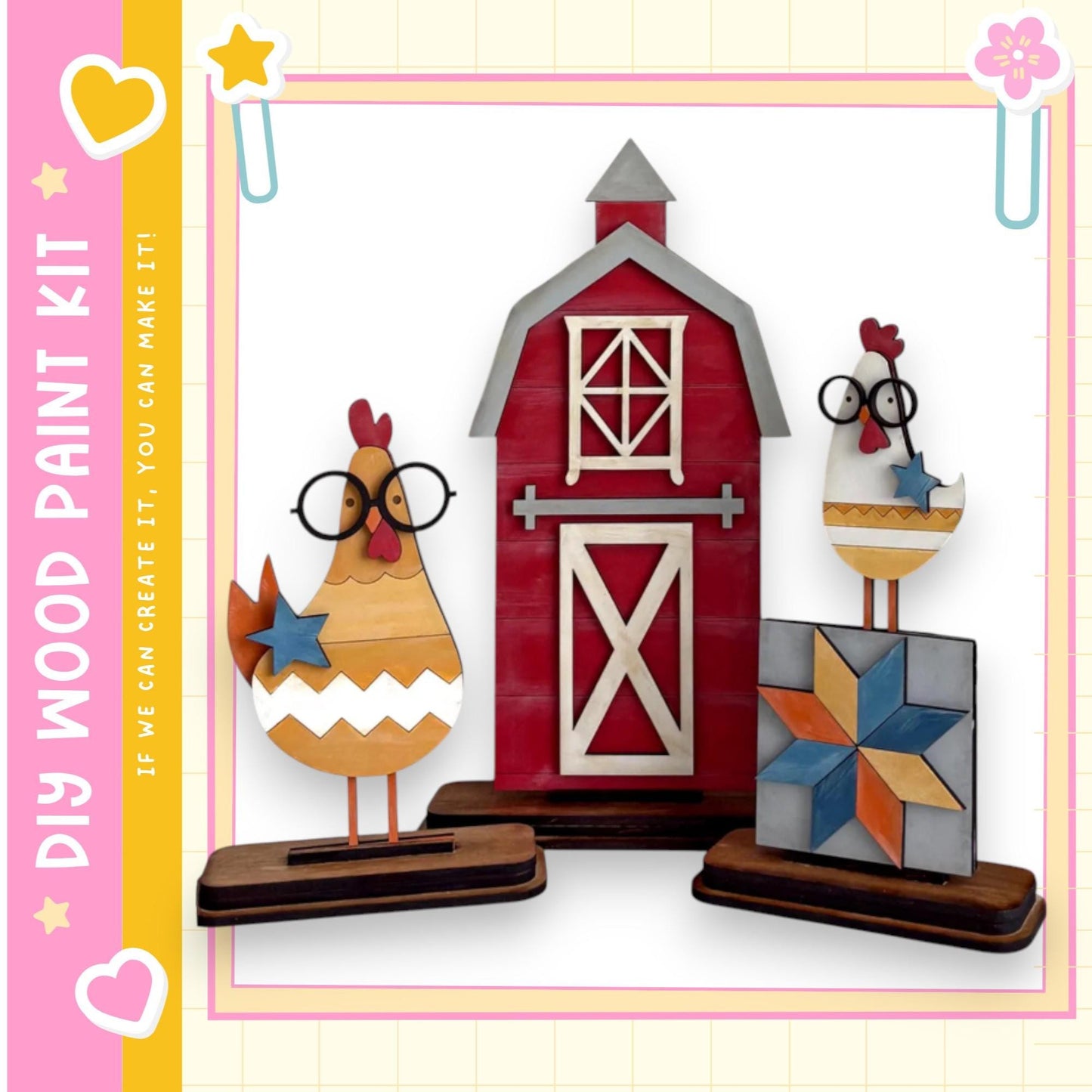 a wooden paint kit with three wooden chickens and a red barn, all sitting on wooden stands.