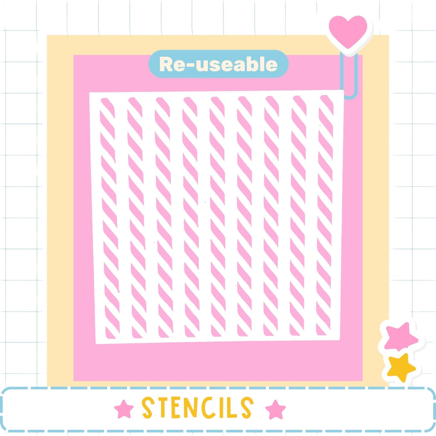 The image is a pink and white design with a heart-shaped sticker on the top right corner. The word "Re-useable" is displayed above the design, and the word "STENCILS" is written at the bottom of the image.