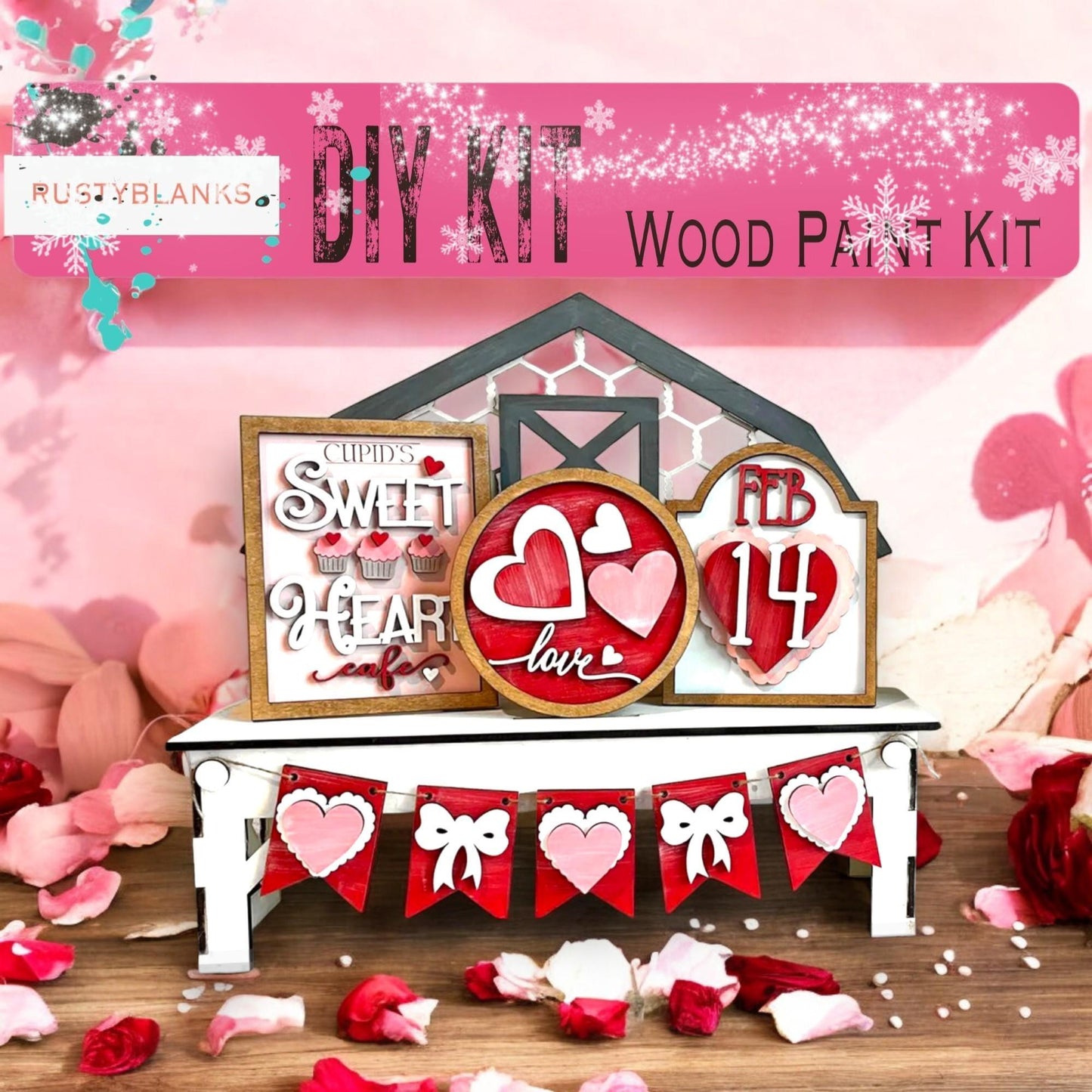 a valentine's day kit with hearts and a barn