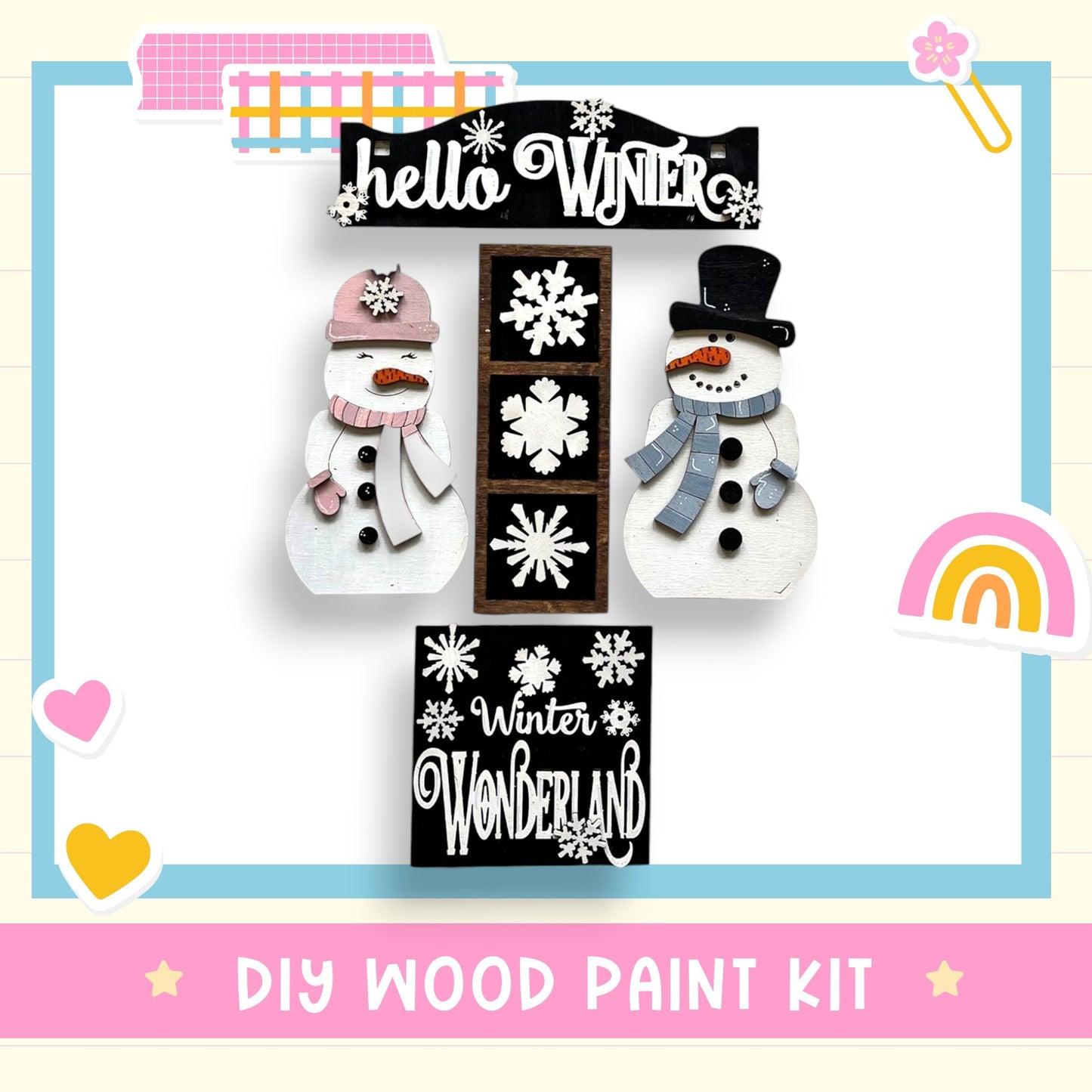 a picture of a snowman and a snowman with a rainbow in the background