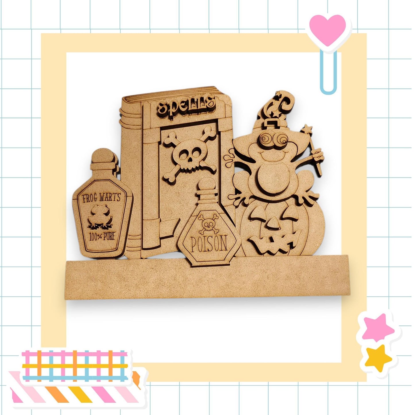 A Halloween-themed wooden decoration with a witch, a skull, and a bottle of poison.