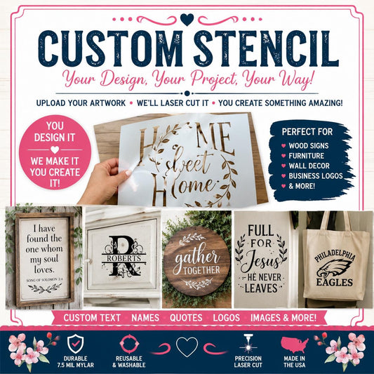 The image is an advertisement for a customizable stencil product that allows users to create their own designs, such as home decor items and business logos. It features various examples of stencil designs, including a "Home" stencil, a "Full for Jesus" stencil, and a "Eagles" stencil. The ad highlights the product's ability to create custom text, quotes, logos, and images, and emphasizes the convenience and versatility of the stencils.