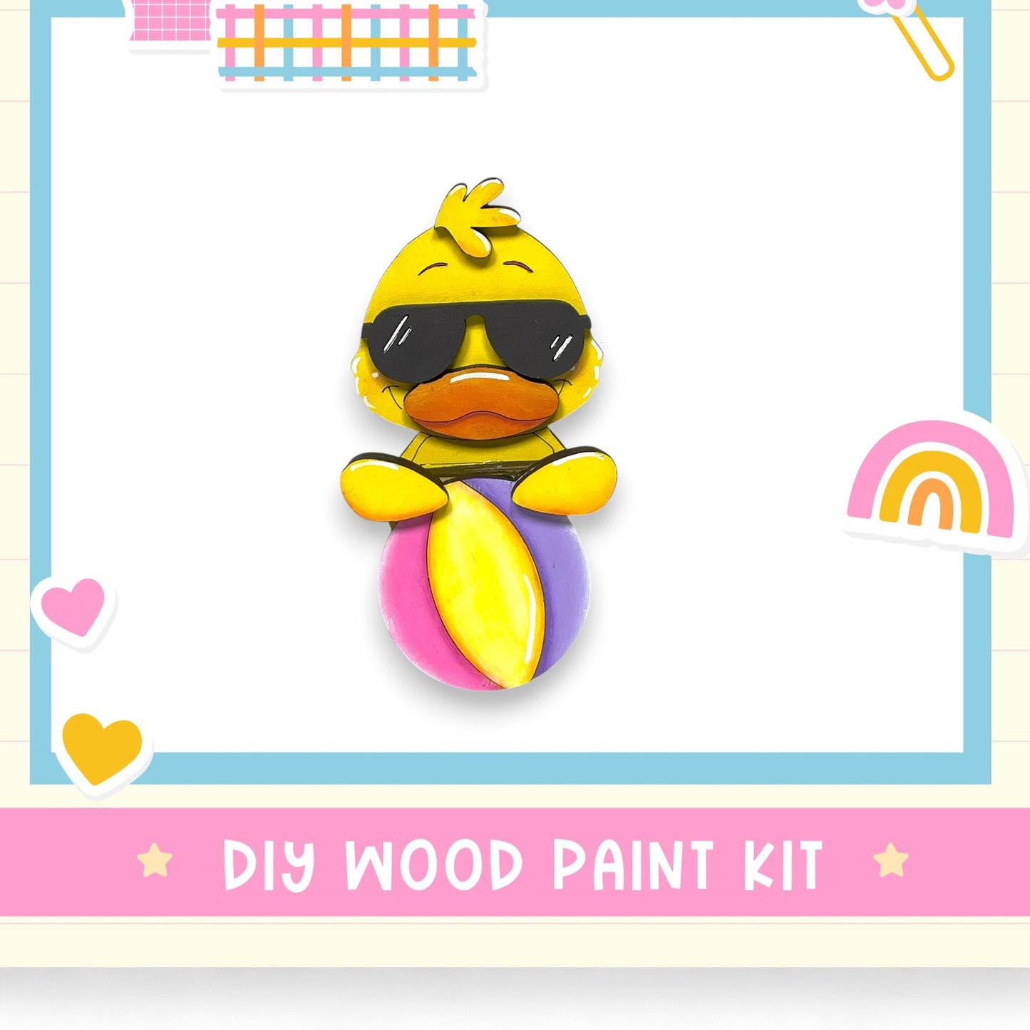 A cheerful yellow duck wearing sunglasses and holding a beach ball, surrounded by colorful stickers and hearts, with the text "DIY WOOD PAINT KIT" displayed.