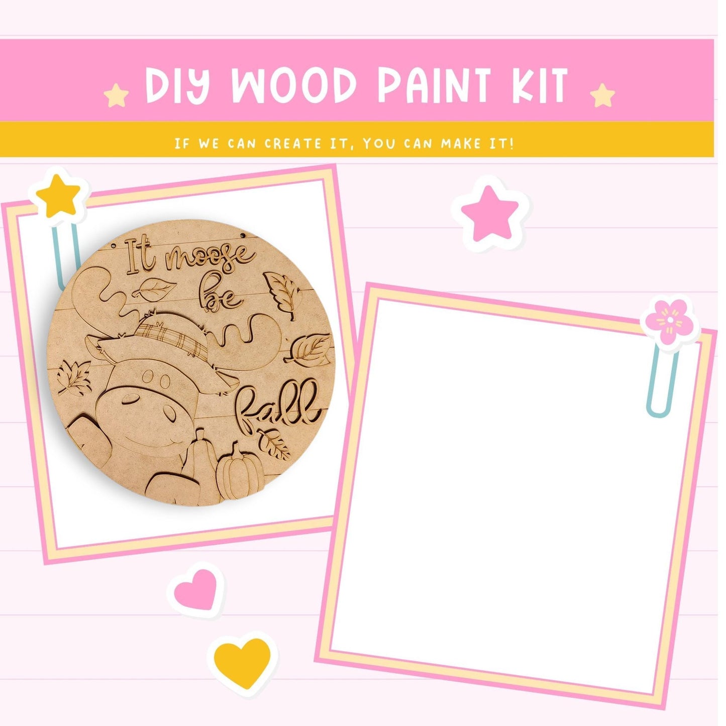 The image is a DIY wood paint kit advertisement with a pink background and a playful, colorful design. The kit includes a wooden sign with a pumpkin and leaves, as well as a blank white frame. The text on the kit encourages creativity and the ability to make it, suggesting that the kit can be customized and transformed into a unique piece of art.