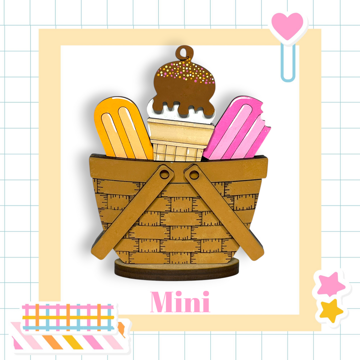 a basket filled with various ice cream treats, including a chocolate ice cream cone, a popsicle, and a popsicle stick.