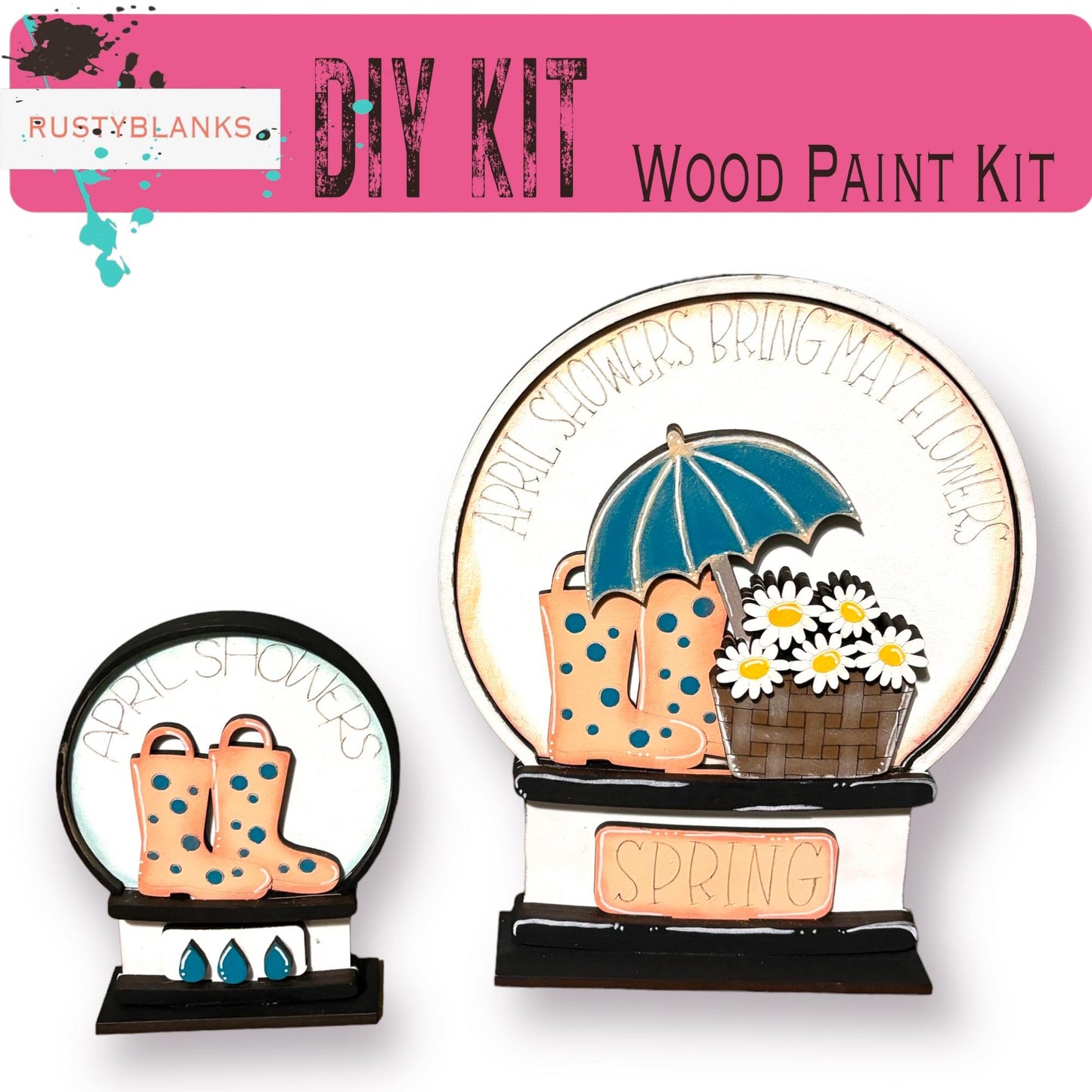 two wooden paint kits, one depicting a pair of rain boots and the other featuring a basket of flowers. The kits are labeled as "DIY Kit" and "Wood Paint Kit", suggesting they are ready-to-use kits for creating custom wooden paint designs.