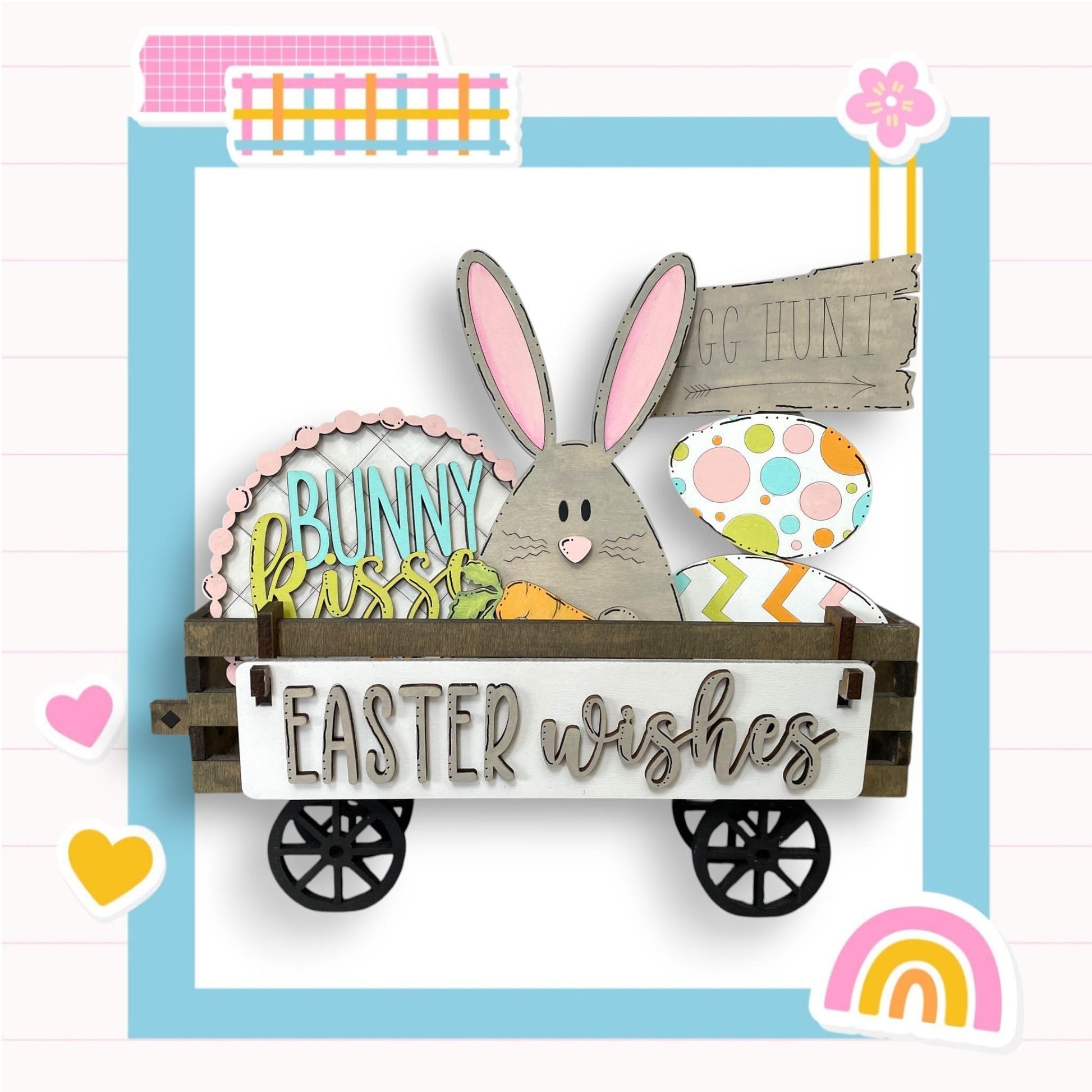 an easter card with a bunny in a wagon