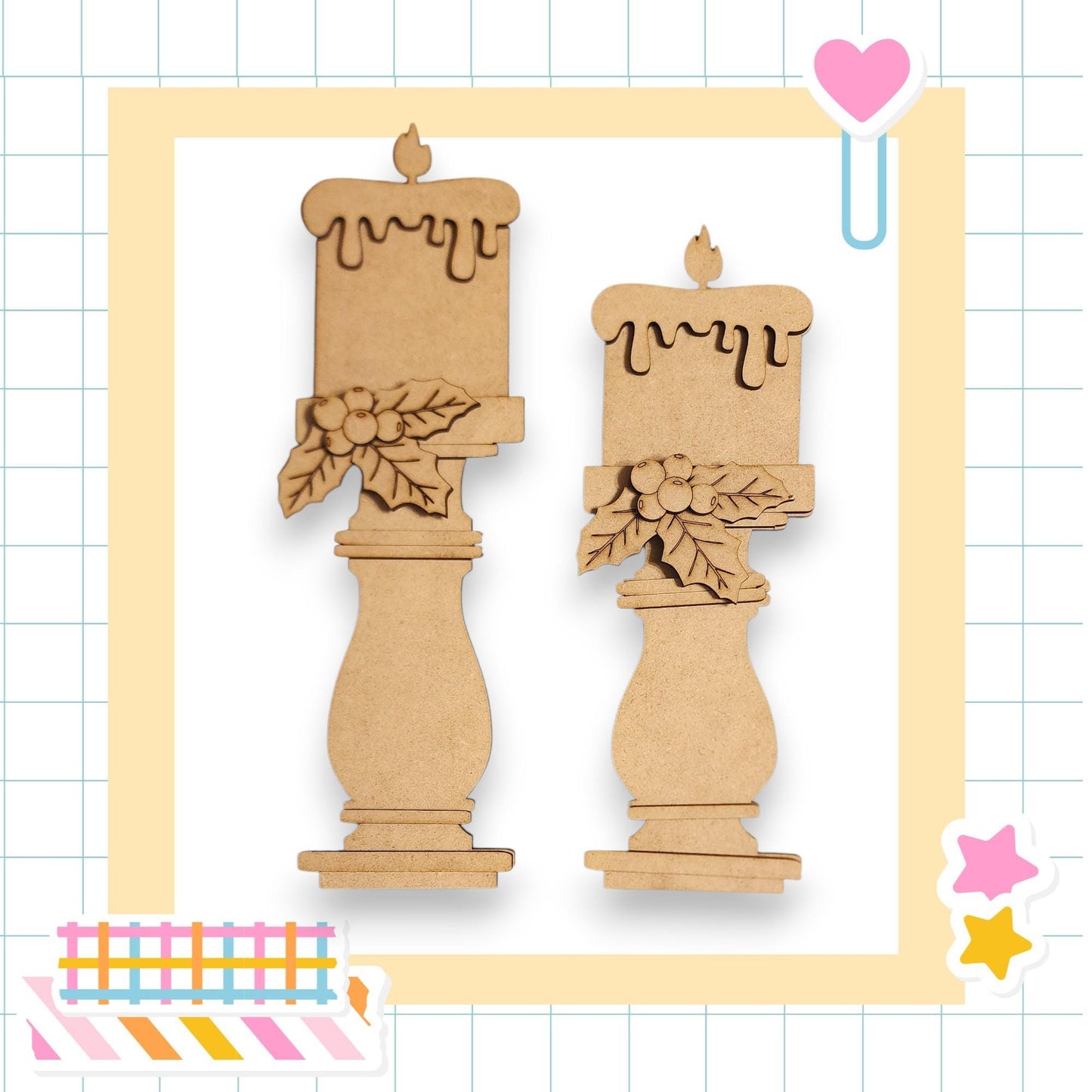 two wooden candle holders with decorative elements, such as leaves and berries, set against a background with a grid pattern.
