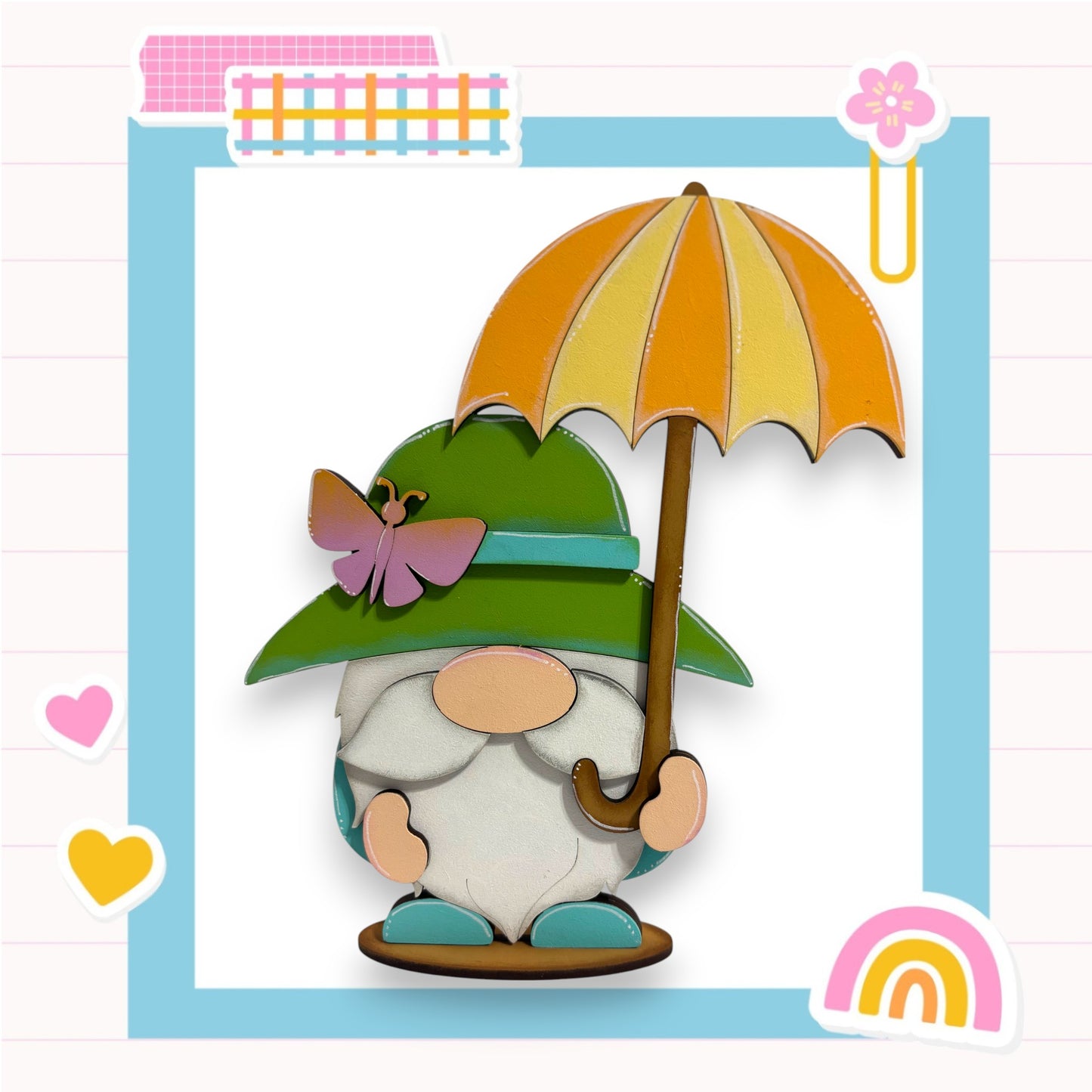 A gnome wearing a green hat and holding an orange umbrella is depicted in the image.