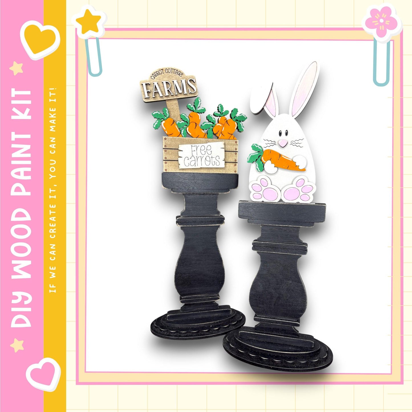 a pair of black wooden easel stands with a painted design of a rabbit and carrots on them.