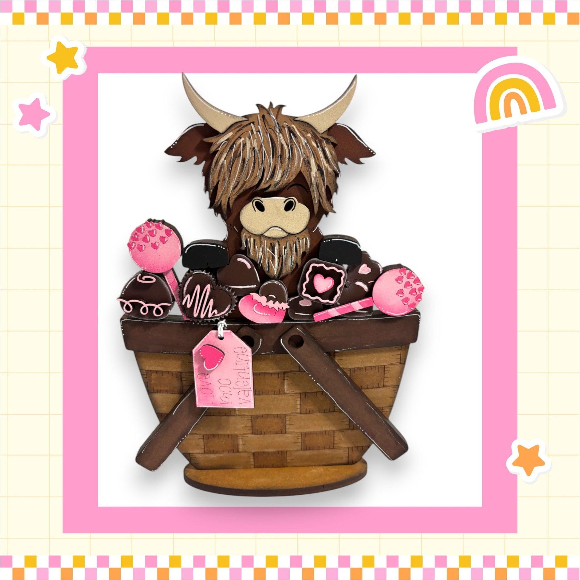 a card with a picture of a cow in a basket of chocolates