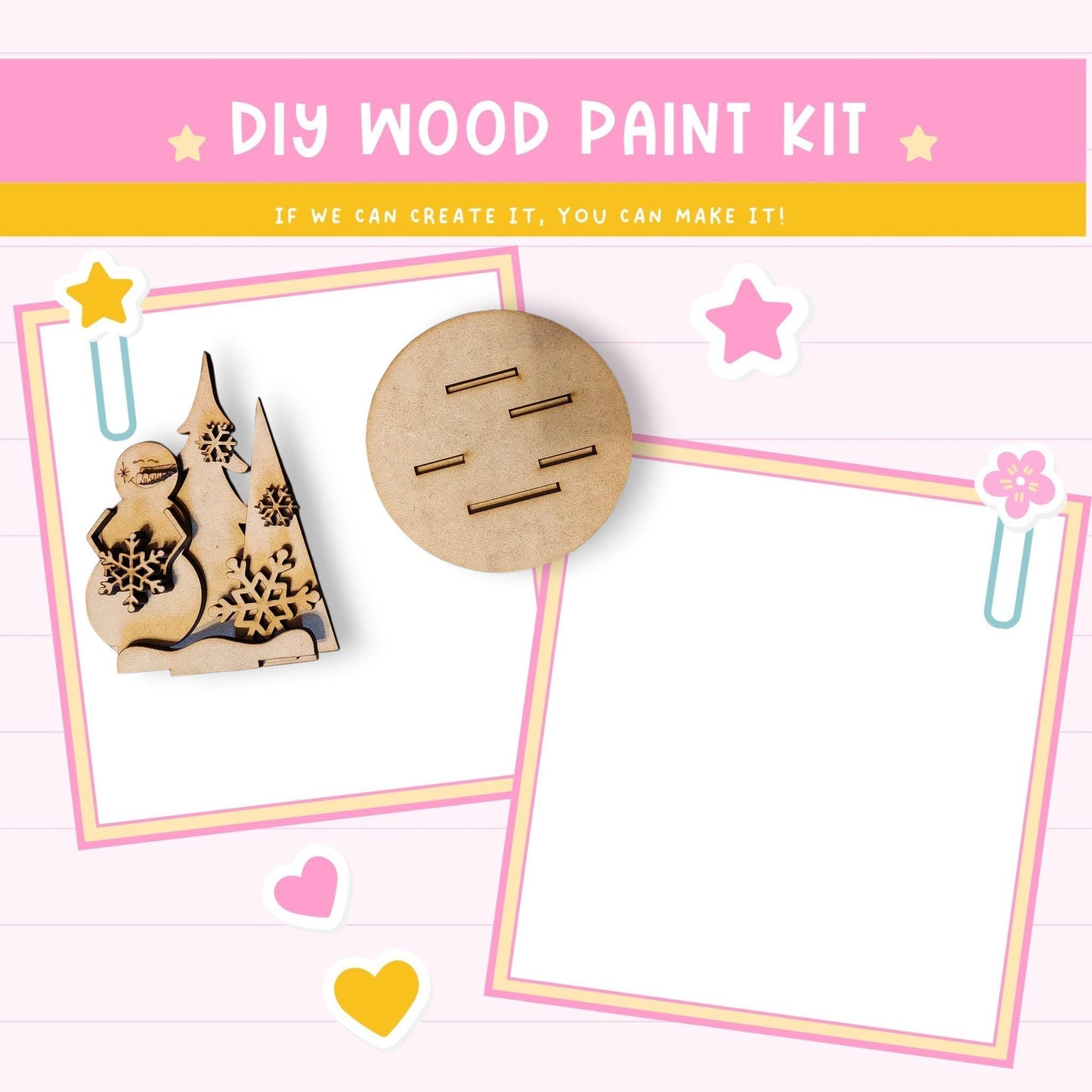 The image is a DIY wood paint kit with various craft items, including a snowman, a wooden ornament, and a blank white canvas. The kit appears to be designed for creating custom wooden decorations or art pieces.
