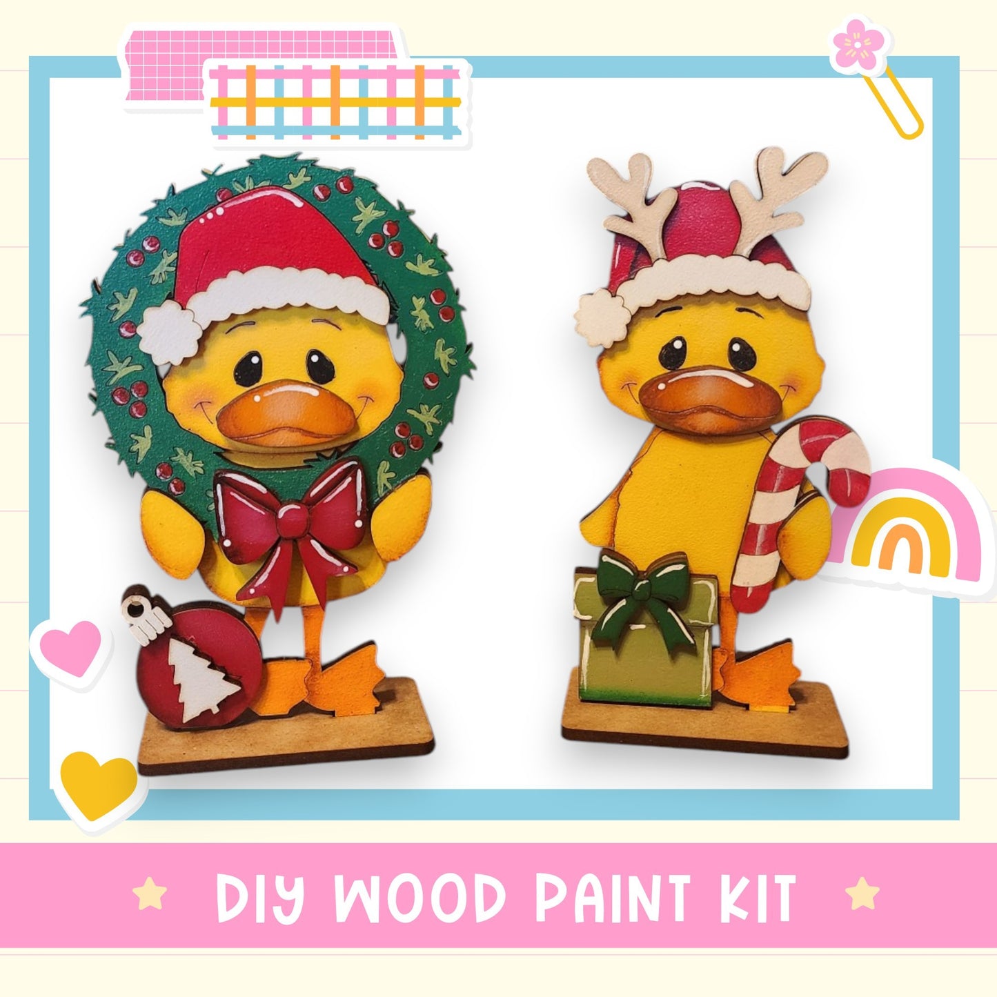 a couple of yellow birds wearing christmas hats