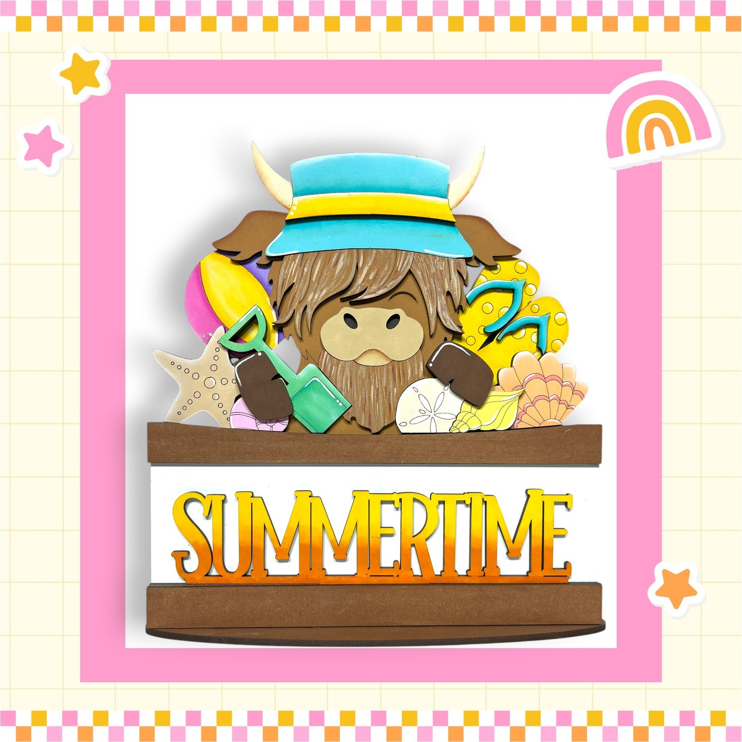 A cartoon cow wearing a blue hat and holding a shovel, surrounded by various summer-themed objects such as a beach ball, seashells, and a rainbow, with the word "SUMMERTIME" written below.