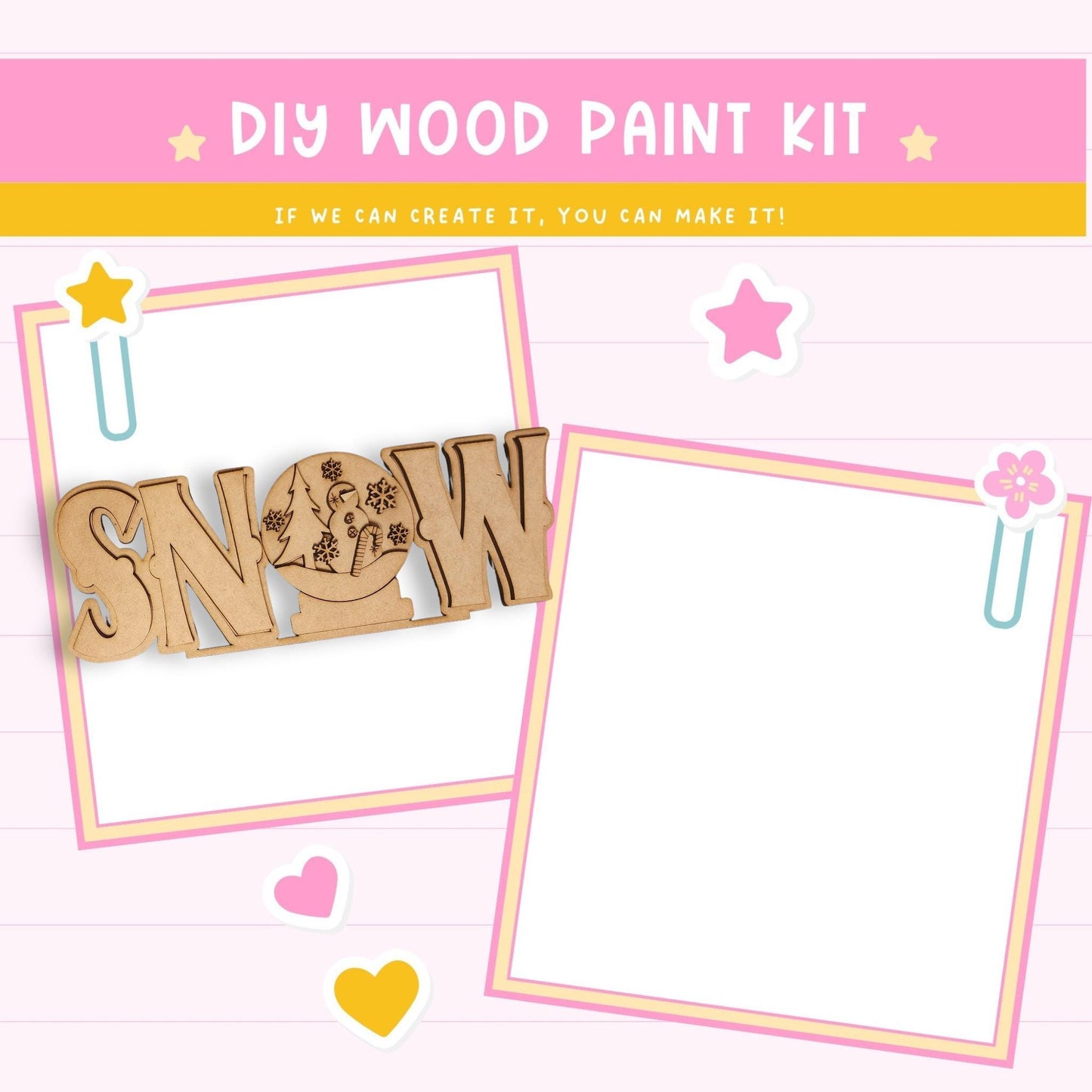 The image is a DIY wood paint kit advertisement with a pink background and a playful, colorful design. The kit appears to be for creating wooden decorations or art pieces, as indicated by the wooden letters and shapes.