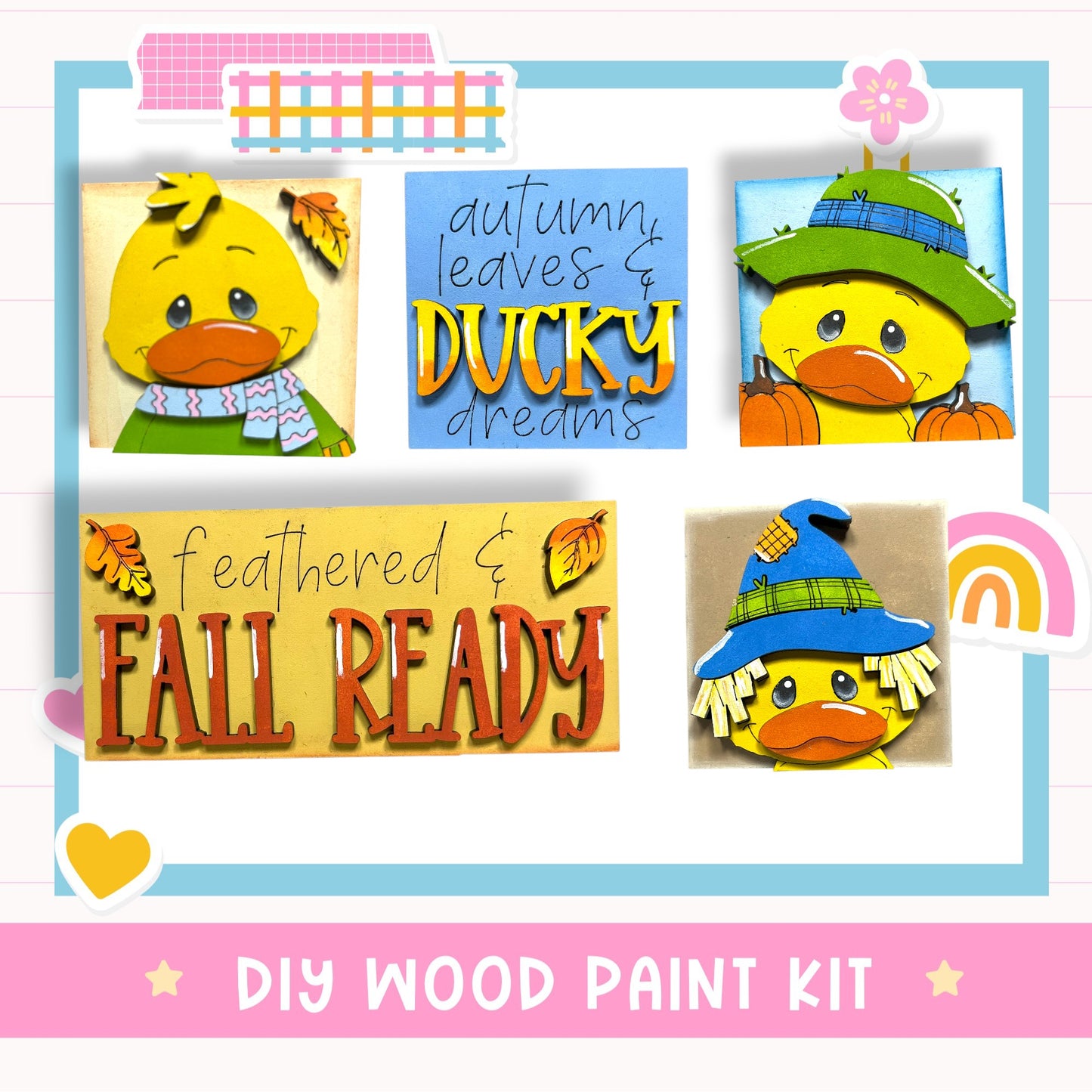 The image is a collage featuring a yellow duck character with autumn leaves and a "fall ready" sign, along with other fall-themed elements such as a pumpkin and a witch's hat.