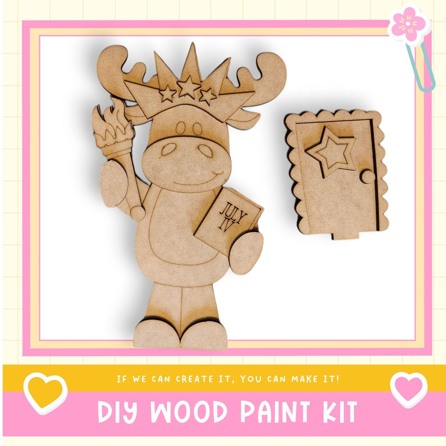 a wooden cutout of a moose holding a sign