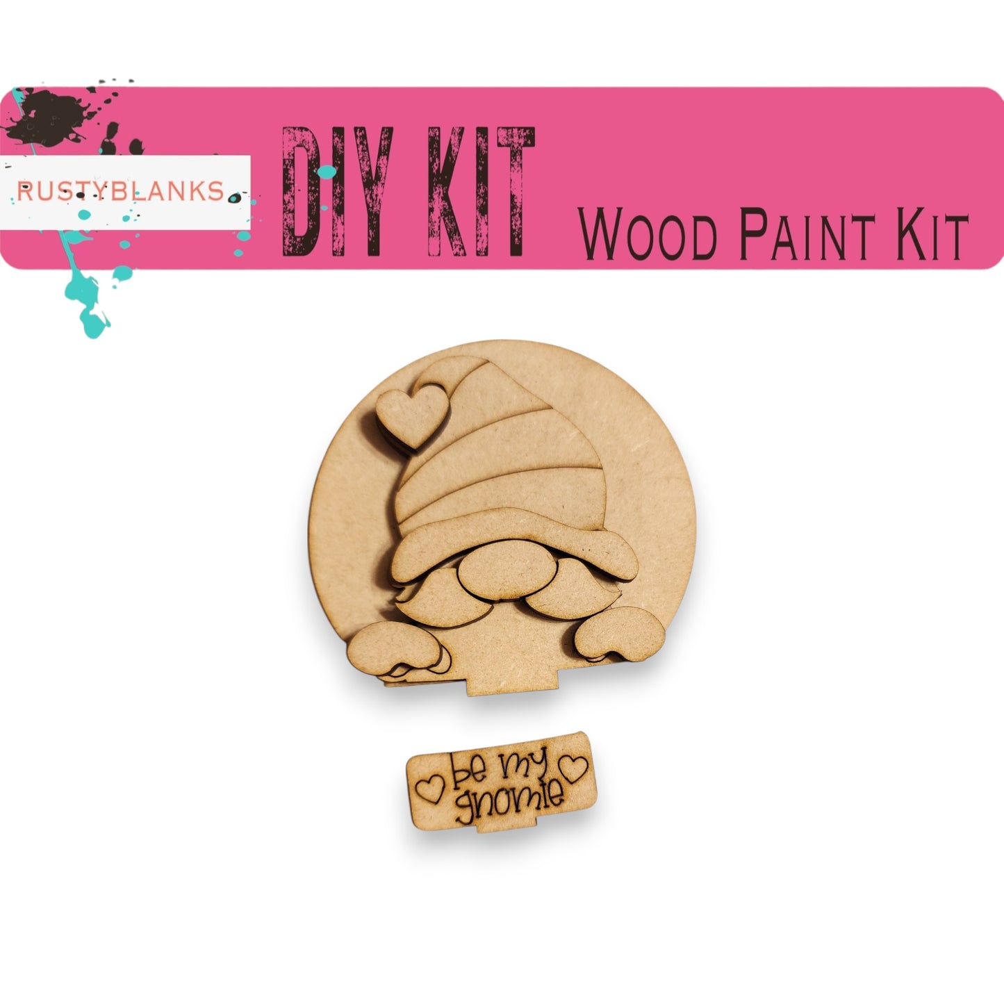 a DIY kit for a wood paint kit, including a wooden gnome figure and a small wooden heart-shaped object with the text "Be my gnome" written on it.