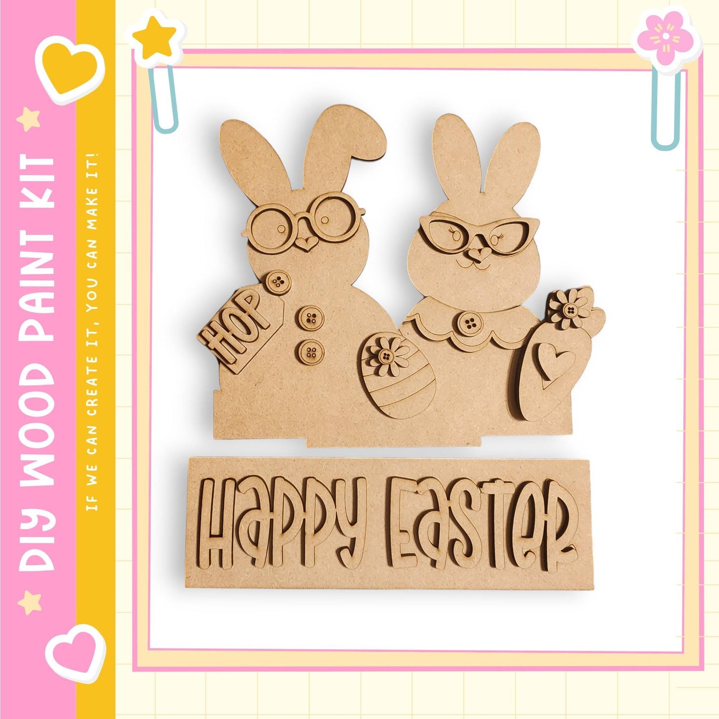 A wooden Easter bunny decoration with the text "Happy Easter" on it, along with a "DIY WOOD PAINT KIT" label.