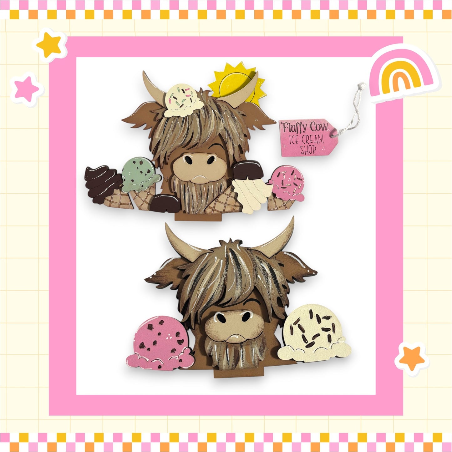 two cartoon cow heads with ice cream cones on their heads, surrounded by various ice cream flavors and toppings.