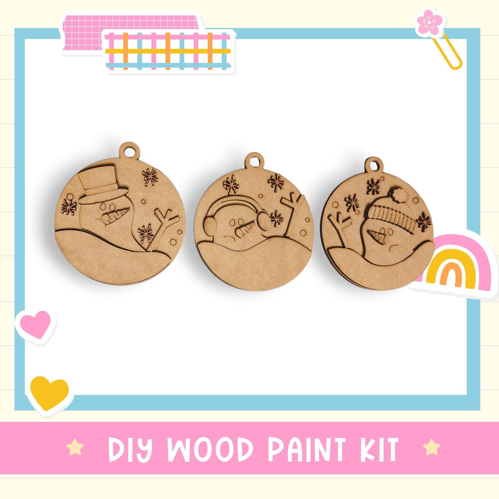 three wooden ornaments with snowman designs, displayed against a white background.