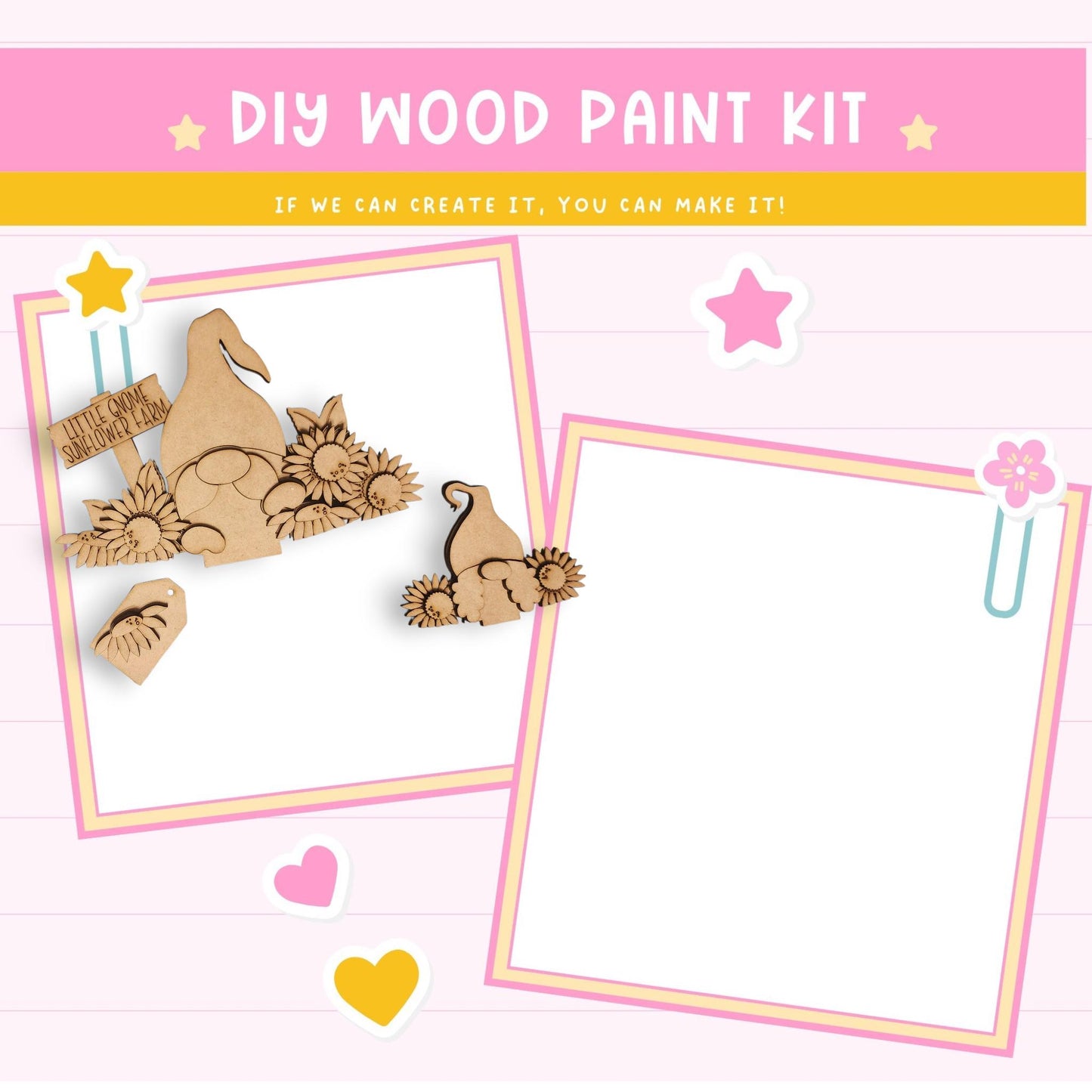 The image is a DIY wood paint kit advertisement featuring a wooden gnome and flowers, along with a blank space for painting.