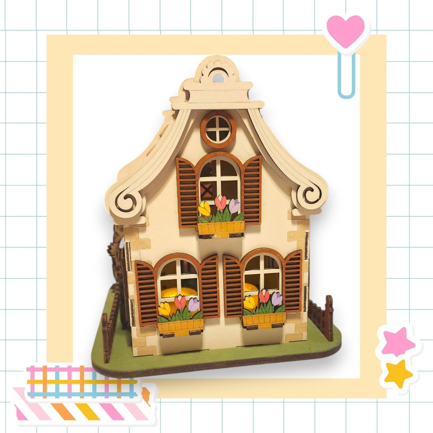 a small wooden house with windows and shutters