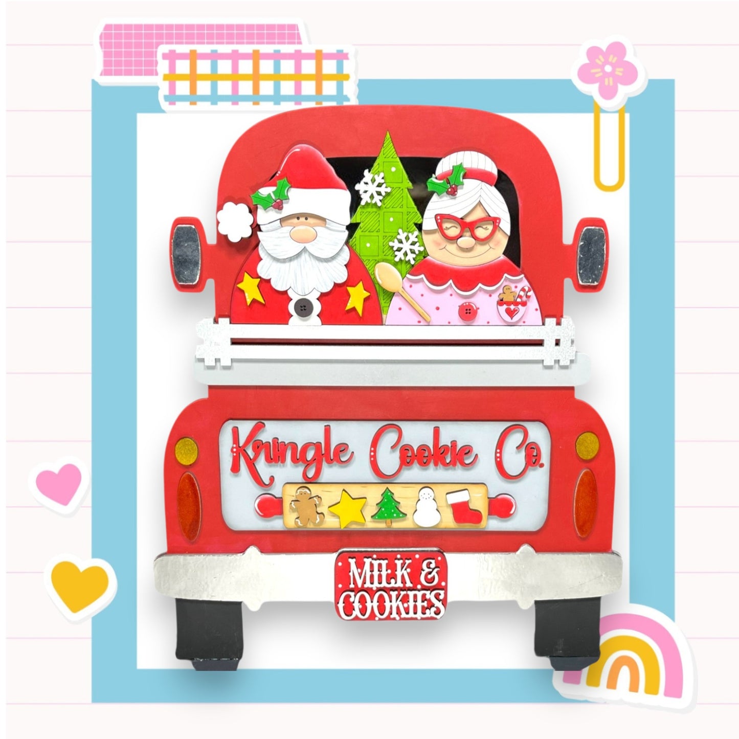 a red truck with a santa clause on the back of it