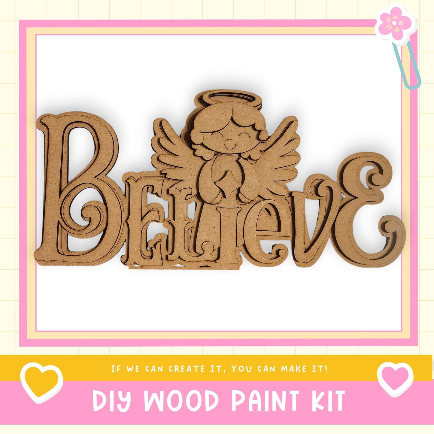 a DIY wood paint kit with a wooden angel figure and the word "Believe" written on it.