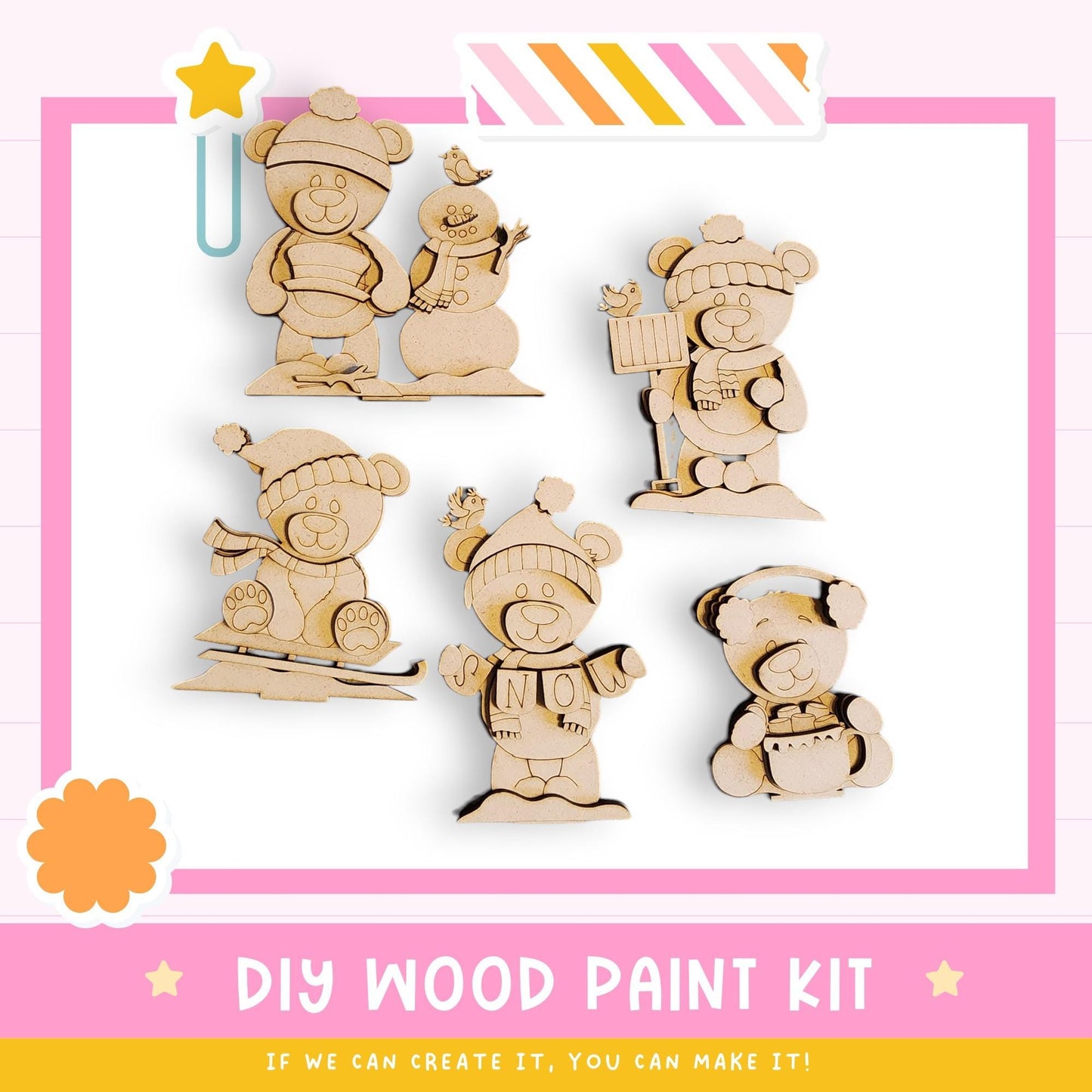 The image is a DIY wood paint kit featuring five wooden bear figurines in various poses, including one on a sled, one holding a snowman, and one holding a bird. The kit appears to be designed for creating wooden toys or decorations.
