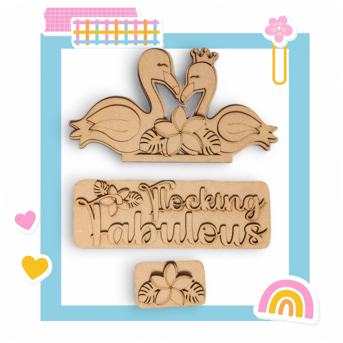 a wooden brochure with two ducks and a rainbow