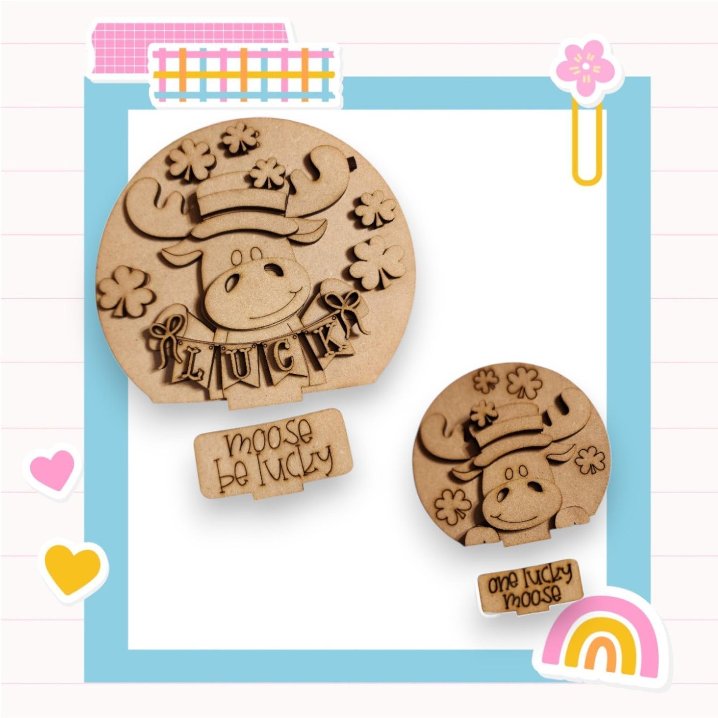 a couple of wooden magnets sitting on top of a table