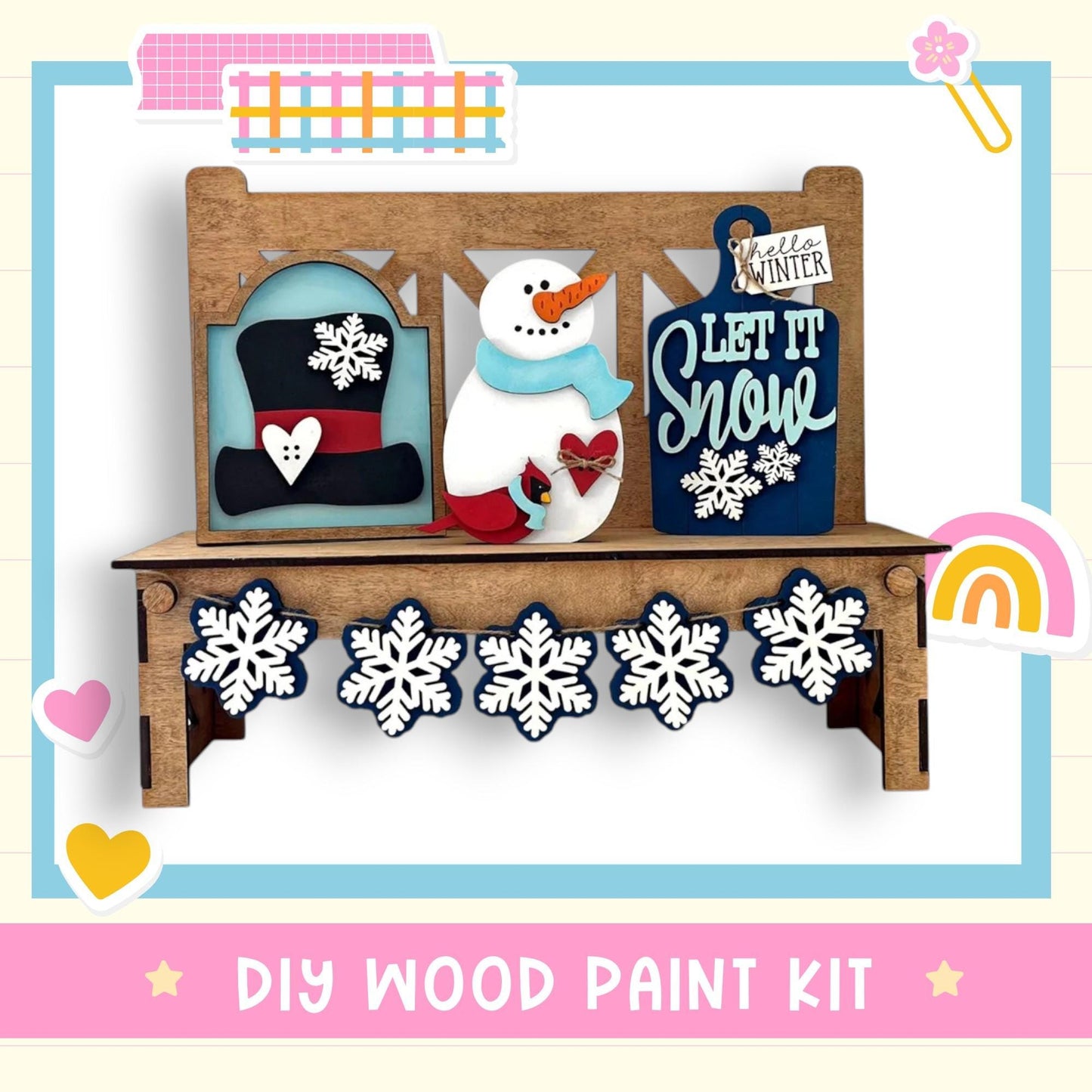 a snowman and a snowman sitting on a wooden bench