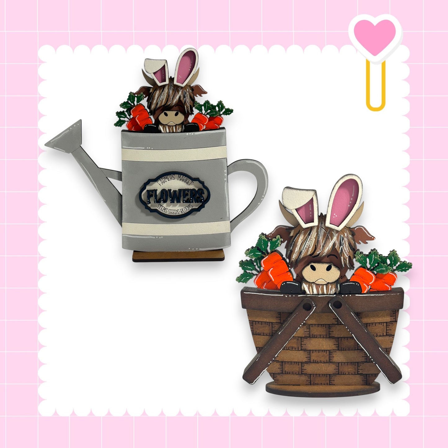 two cute cartoon rabbit figurines, one in a watering can and the other in a basket, set against a pink background with a heart symbol.